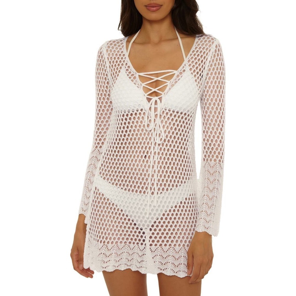BECCA Treasure Island White Long Sleeve Reversible Open Knit Cover-Up‎ Tunic Med